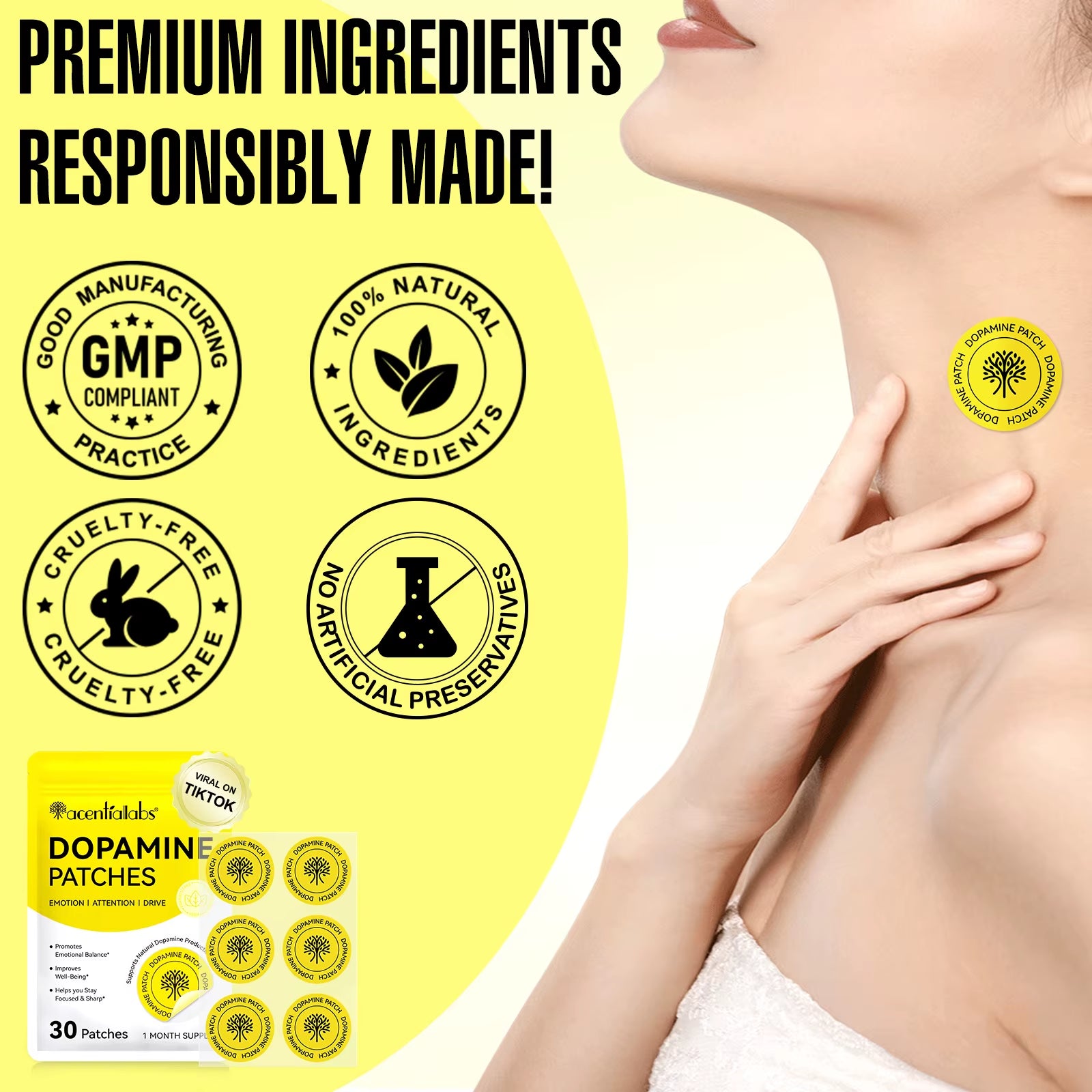 Acentiallabs 30 Pcs Dopamin Transdermal Patch Private Label Daily Motivation Support Focus Dopamin Supplement Patches for Women